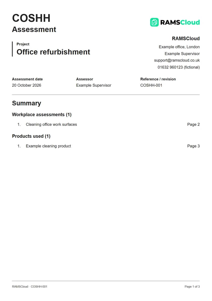 Example COSHH output generated by RAMSCloud with fictional project details.