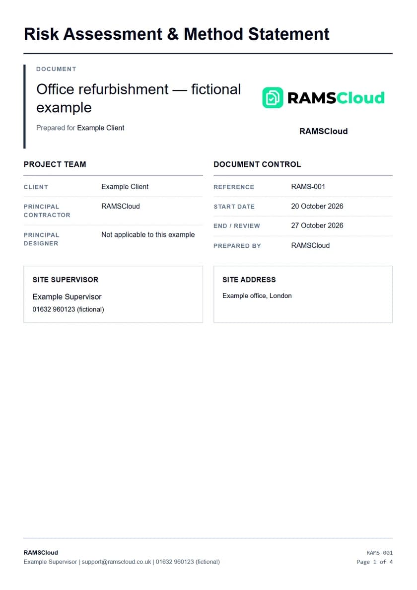 Example RAMS output generated by RAMSCloud with fictional project details.