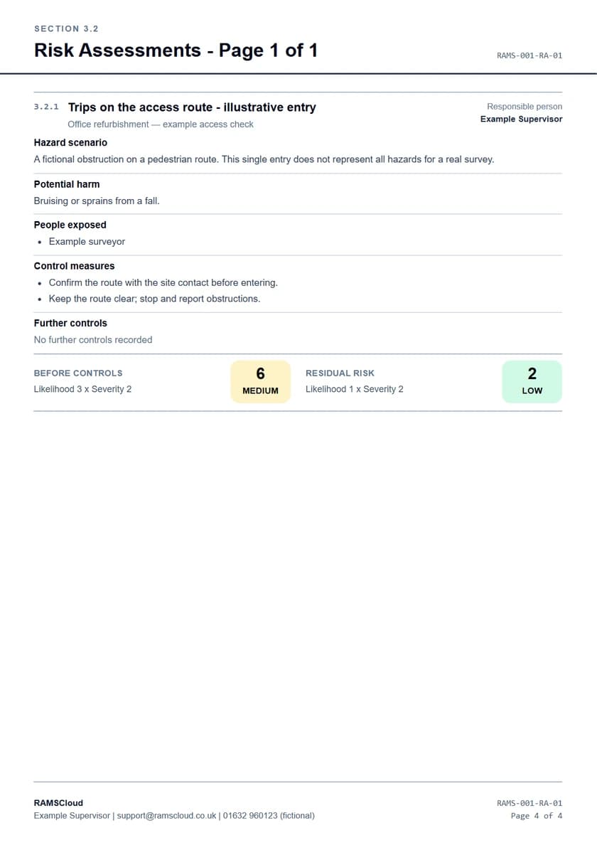 Example RAMS risk table with hazards and control measures